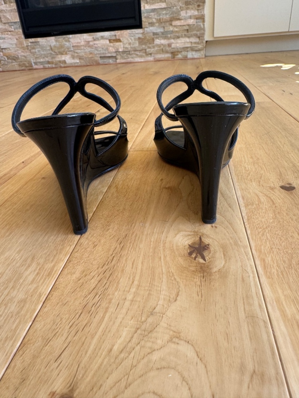 Jimmy Choo Anise 85 Black Patent Leather Wedge Sandals 7 - Picture 3 of 5